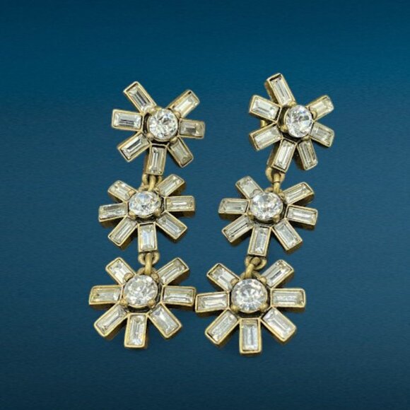 J.Crew Crystal Floral Drop Antiqued Gold Dangle Drop Earrings Long Runway - Picture 6 of 11